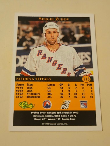 1994 Classic Pro Prospects #115 Sergei Zubov - NY Rangers - Free Shipping - Picture 2 of 2