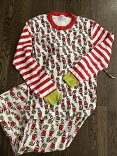 Hanna Andersson Grinch Pajamas Flannel Bottom Jersey Top Adult Sz Lrg Red Stripe