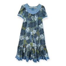 Vintage Good Times Hawaiian Dress Womens Small Midi Muumuu Blue Floral Ruffle