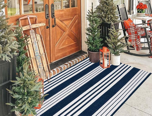 Blue and White Striped Rug 24'' X 51'' Outdoor Front Porch Rug Front Door Mat Ha - Picture 7 of 12