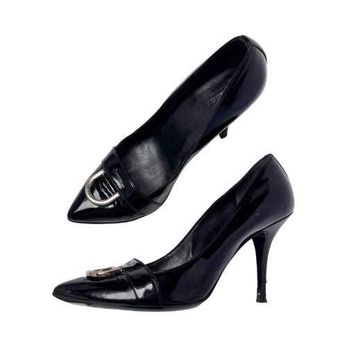 Gucci Heels Courts 37.5 4.5 Black Patent Leather Gold D Ring Buckle Logo Vintage - Picture 5 of 11