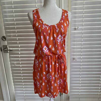 Mud Pie Tank Dress Small Orange Pink Ikat Cinched Waist Summer Casual Shift Sm