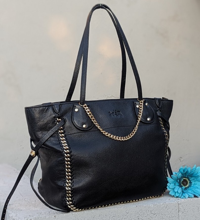 Coach TATUM whiplash jumbo chain BLACK leather TOTE shoulder bag purse handbag - Picture 14 of 14