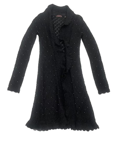 Nordstrom 525 Ameria Womens S Black Duster Cardigan Knit Ruffle Collar Waist Tie - Picture 4 of 8