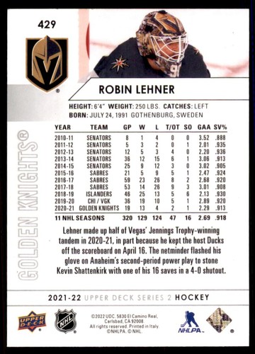 2021-22 Upper Deck Series 2 Robin Lehner Golden Knights #429 - Picture 2 of 2