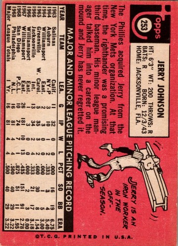 Jerry Johnson 1969 Topps #253 BASEBALL Card Philadelphia Phillies - Picture 2 of 2