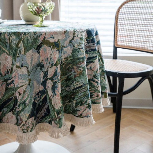 Round Tablecloth Vintage Print Tassel Tea Table Cloth Cover Dining Kitchen Decor - Picture 44 of 58