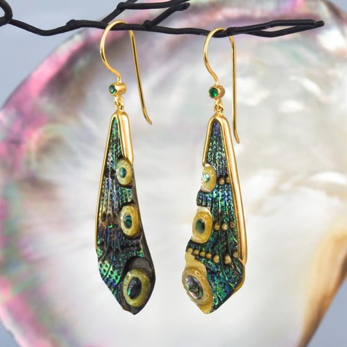 Dragonfly Wing Earrings Abalone Carving Gold Vermeil Sterling Emerald 5.88 g - Picture 6 of 12