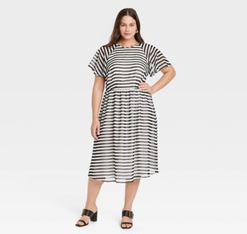 NWT Ava & Viv Smocked Flutter Sleeve Striped Chiffon Midi Dress XXL