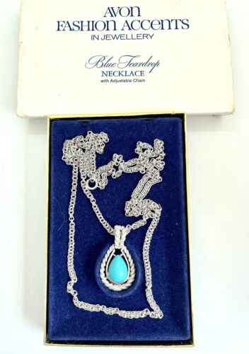 Vintage Avon Blue Stone Necklace. Double Loop 60cm Or Extended 84cm C1971 Signed - Picture 3 of 5