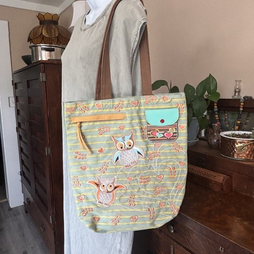 Coelacanth Owls Heart Tote Bag Canvas Whimsical Beach Travel Nature - Picture 2 of 11