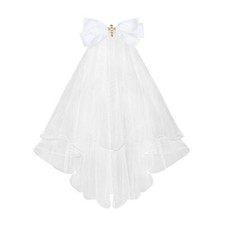 Girls First Communion Veil with White Flower Bow Headband Wedding Headpiece