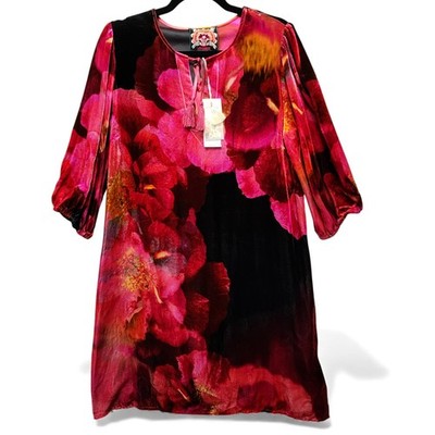 Johnny Was Vesna Mini Dress Women S Ruby Bloom Silk Velvet Floral Tassel NEW
