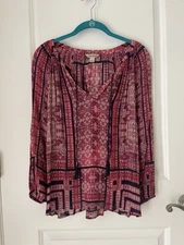 Lucky Brand Women's Long Sleeve Floral Boho Peasant Top Split Neck Flowy Small