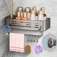 Shower Caddy Suction Cup, No Drilling Removable Shower Shelf with Towel Bar & Po