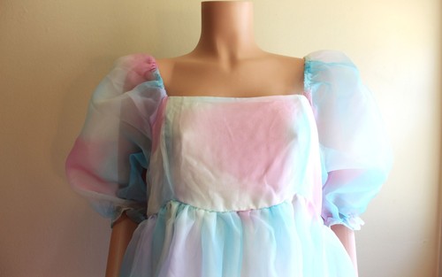 Fairy Cupcake Kawaii Dress L XL Pastel Poly Organza Puff Sleeve Pink Blue White - Picture 3 of 6