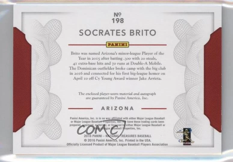 2016 National Treasures Materials Signatures /99 Socrates Brito Rookie Auto RC - Image 2 of 2