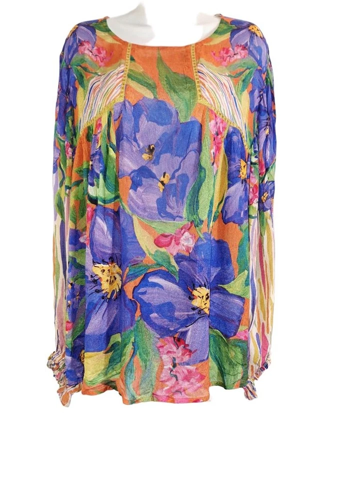 Anthropologie Bl'a'nk London Floral & Striped Blouse 1X Orange Blue classy - Image 2 of 4