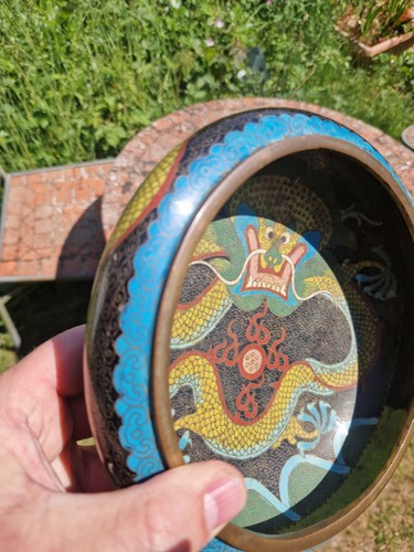 Superb Antique Chinese Cloisonne Dragon Footed Bowl Signed 7.75" excl condition - Picture 5 of 13