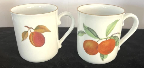 2 1961 Royal Worcester Coffee Mugs Evesham Gold Rim Peaches & Fruits