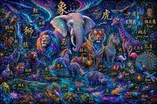 Chinese & Arabic Animal Calligraphy, Chromatic Wildlife Universe Art Printable