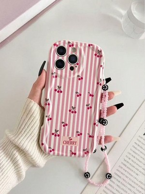 Cream Cherry Bow Pearl Beaded Case For iPhone 16 Pro Max Wavy Edge