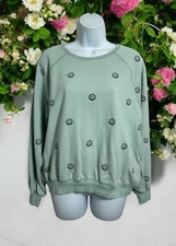 Elodie Mint Green Smiley Face Sweatshirt Sz M Embroidered Pullover Long-Sleeve