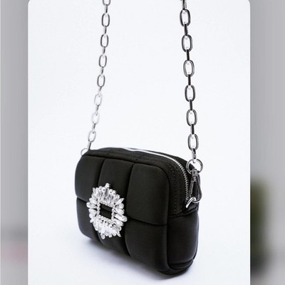 Zara Black Jewel Rhinestone BEADED MINI Quilted CROSSBODY BAG