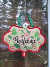 CHRISTMAS WELCOME DOOR DECOR PLOW HEARTH HOLIDAY SIGN RED VELVET BERRY  BURLAP