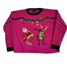 33 Degrees Ugly Christmas Sweater Adult Large Pink Santa Rudolf Dancing Applique