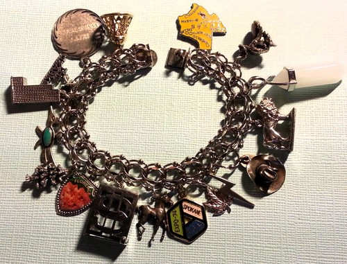 Vintage 60-70's Sterling Silver Bracelet & 17 Charms, Mixed Theme, Heavy 7.5" - Picture 14 of 15