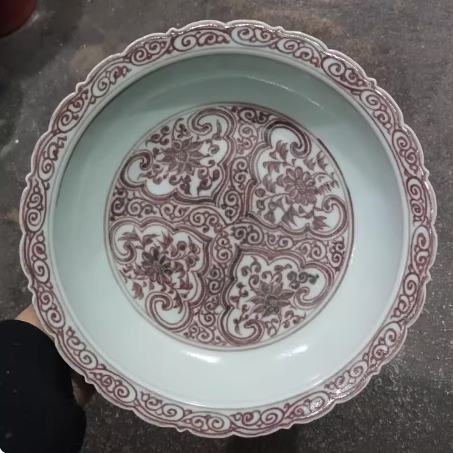 Vivid Chinese Collectable Art Hand Underglaze Red Porcelain Flowers Plate