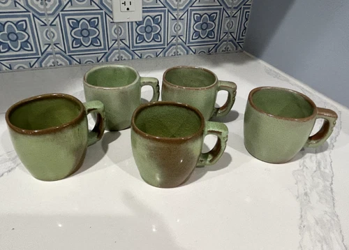 Set of 5  VTG Frankoma Plainsman Prairie Green Retired 5C Coffee Tea CUP