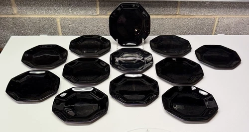 12 Arcoroc France Octime Black Glass Octagon 7.5” Salad Bread Side Plates 👀 👀