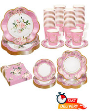136Pc Floral Tea Party Set Disposable Cups Saucers Plates Pink Garden Party
