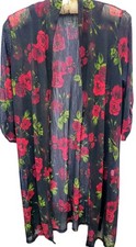 EMBER Sheer Floral Open Front Flowy Cover Up Duster XL Lace Slits At Hem EUC