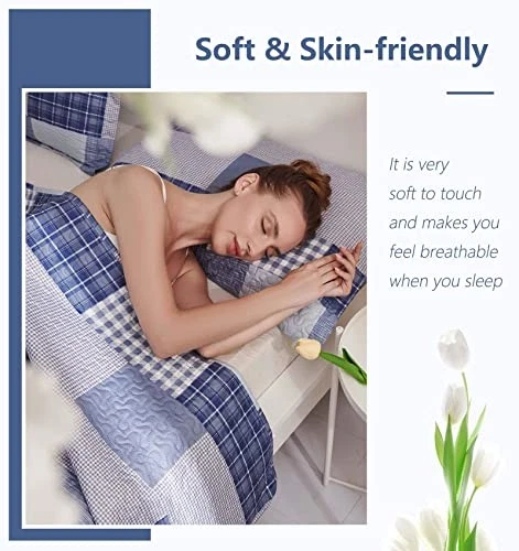 Juego de edredón king juegos de cama a cuadros tamaño king 3 king (96"x 108") azul marino claro Foto 4 de 4