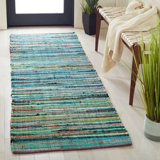 Rag Rug Collection Runner Rug - 2'3" x 7', Green & Multi, Handmade Boho Strip...