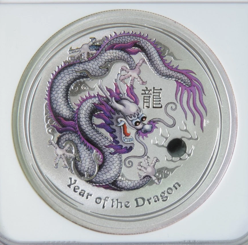 2012 Australia Year of Dragon Grey Pink Colorized $1 1oz Silver Coin NGC MS70 - Image 3 of 4