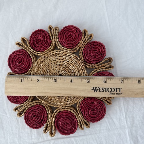 MCM Wicker Raffia Hot Pads Trivets Boho Wall Art Set Of 2 Red Blue 6.5 Inch - Picture 7 of 9