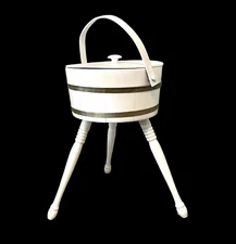 Updated VTG Firkin Shaker Wood Bucket Sewing Basket Painted White Brass Bands