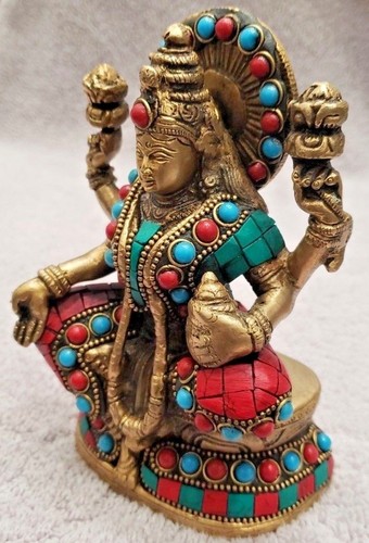Laxmi Ganesh Ganesha Statue Turquoise Lord Brass Sculpture Hindu Small Deity Fig - Picture 10 of 11