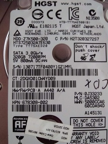 HGST HTS725032A7E630 320GB Internal, 7200 RPM 2.5" Hard Drive, Storage, As-is - Picture 2 of 3