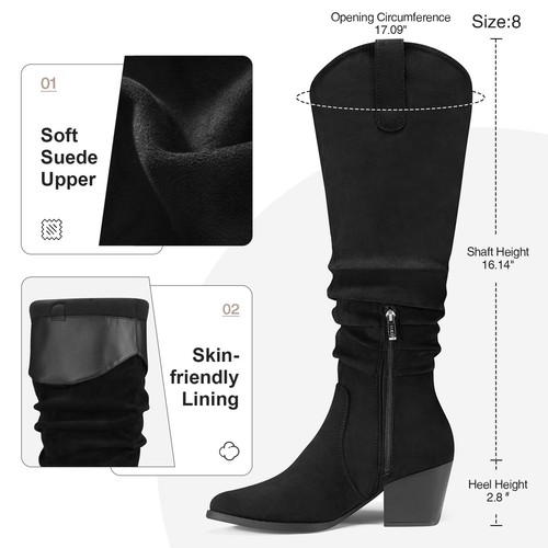 SUEDI Women Knee High Slouchy Boots Side Zip Block Heel Pointed Toe Riding Boots - Picture 23 of 42