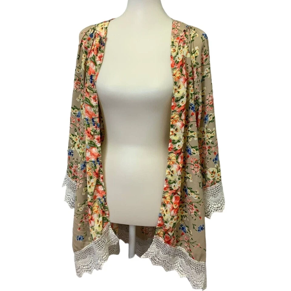 Floral XL Long Sleeve Lace Trim Lightweight Coverup Open Cardigan Blouse