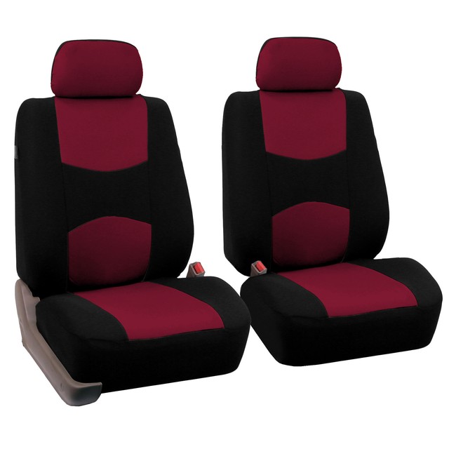 Flat Cloth Burgundy Black Car Seat Covers 2 Row w/ Silicone Steering