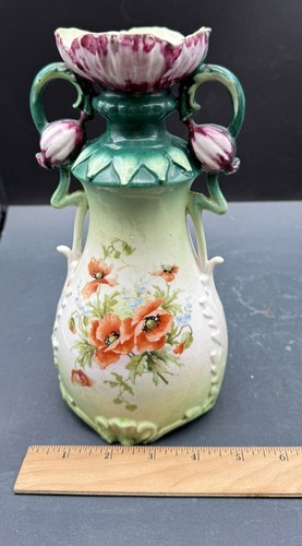 Art Nouveau Tulip & Poppy Adorned 2 Handle Porcelain Vase Unique BB - Picture 9 of 9