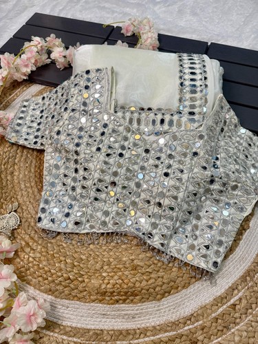 Indischer Bollywood Satin Organza Sari Hochzeit Party Kleidung Sari mit Naht Bluse - Bild 7 von 7