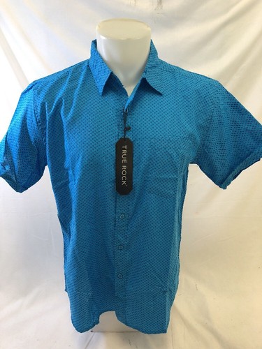 Mens TRUE ROCK Designer Shirt BLUE Woven SHORT SLEEVE shirt 1 POCKET GEOMETRIC - Picture 4 of 8