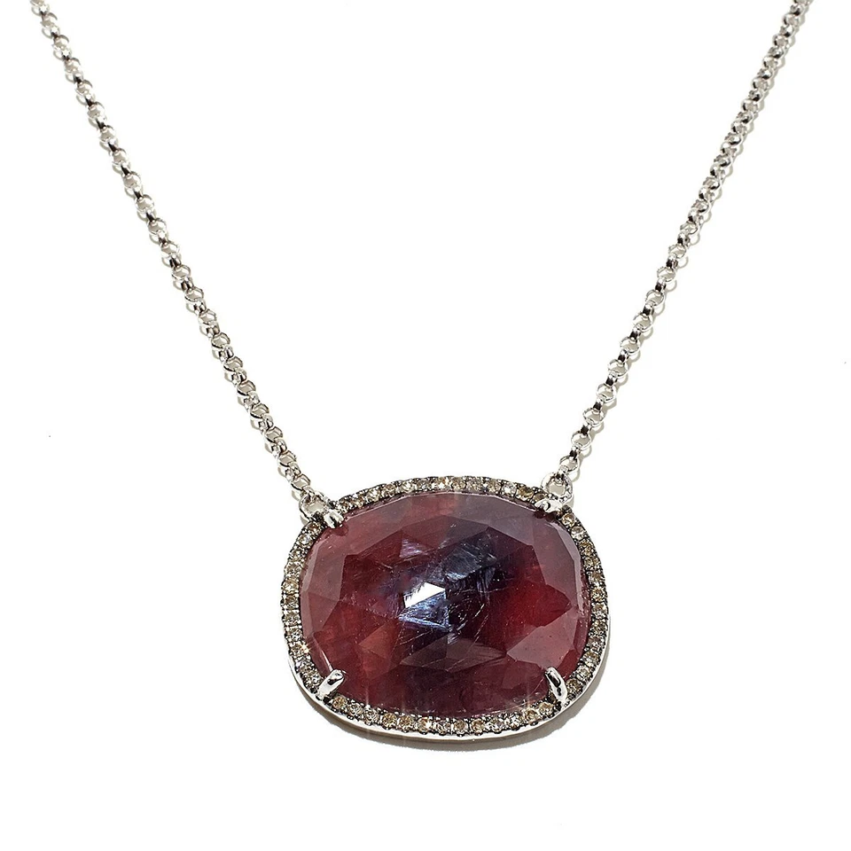 Womens Real Champagne Diamond & Red Sapphire Slice, Sterling Silver Necklace - Image 2 of 2